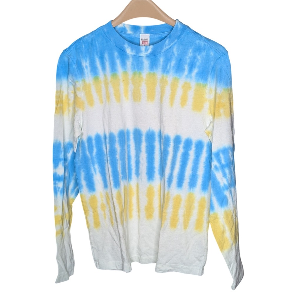 RE/DONE Sky Stripe T 50s Long Sleeve Tee XS Blue Yellow Tie Dye NWT